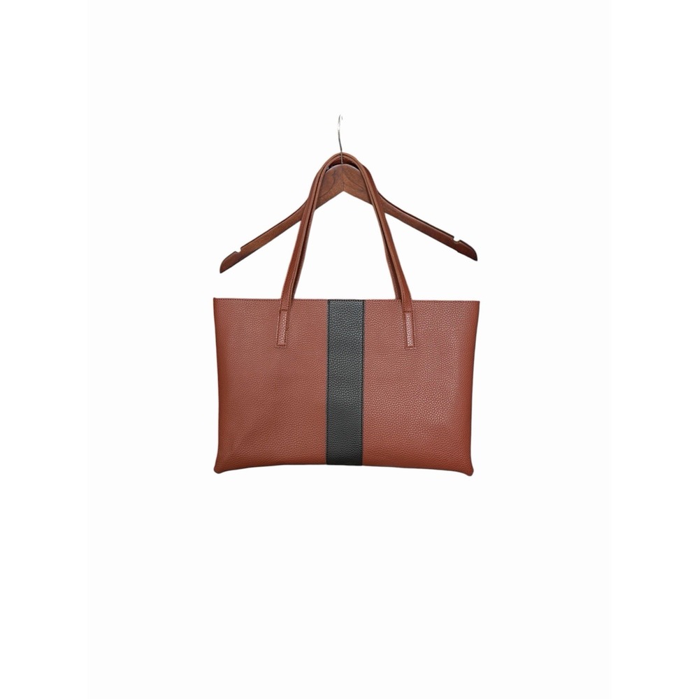 Vince Camuto Vegan Leather Tote Bag Brown with Black Stripe Work Office Classic